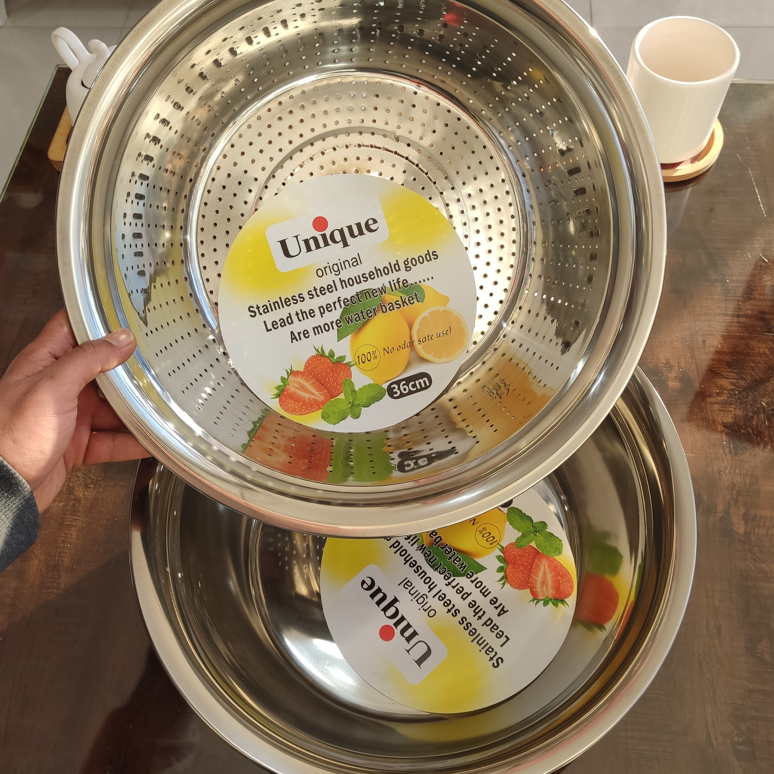 آبکش و لگن استیل یونیک سایز 36 لگن و صافی استیل دوتایی یونیک