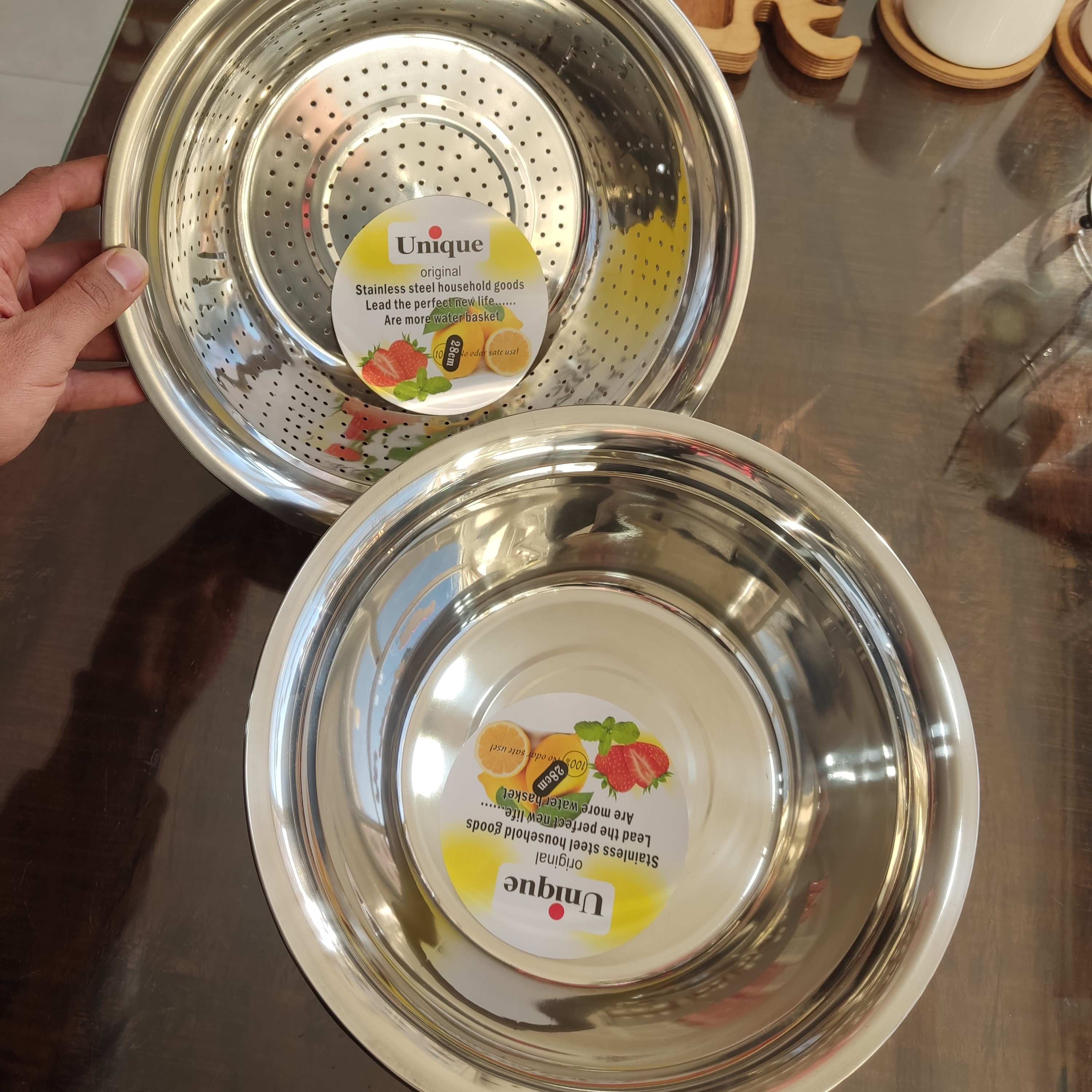 آبکش و لگن استیل یونیک سایز 28 لگن و صافی استیل دوتایی